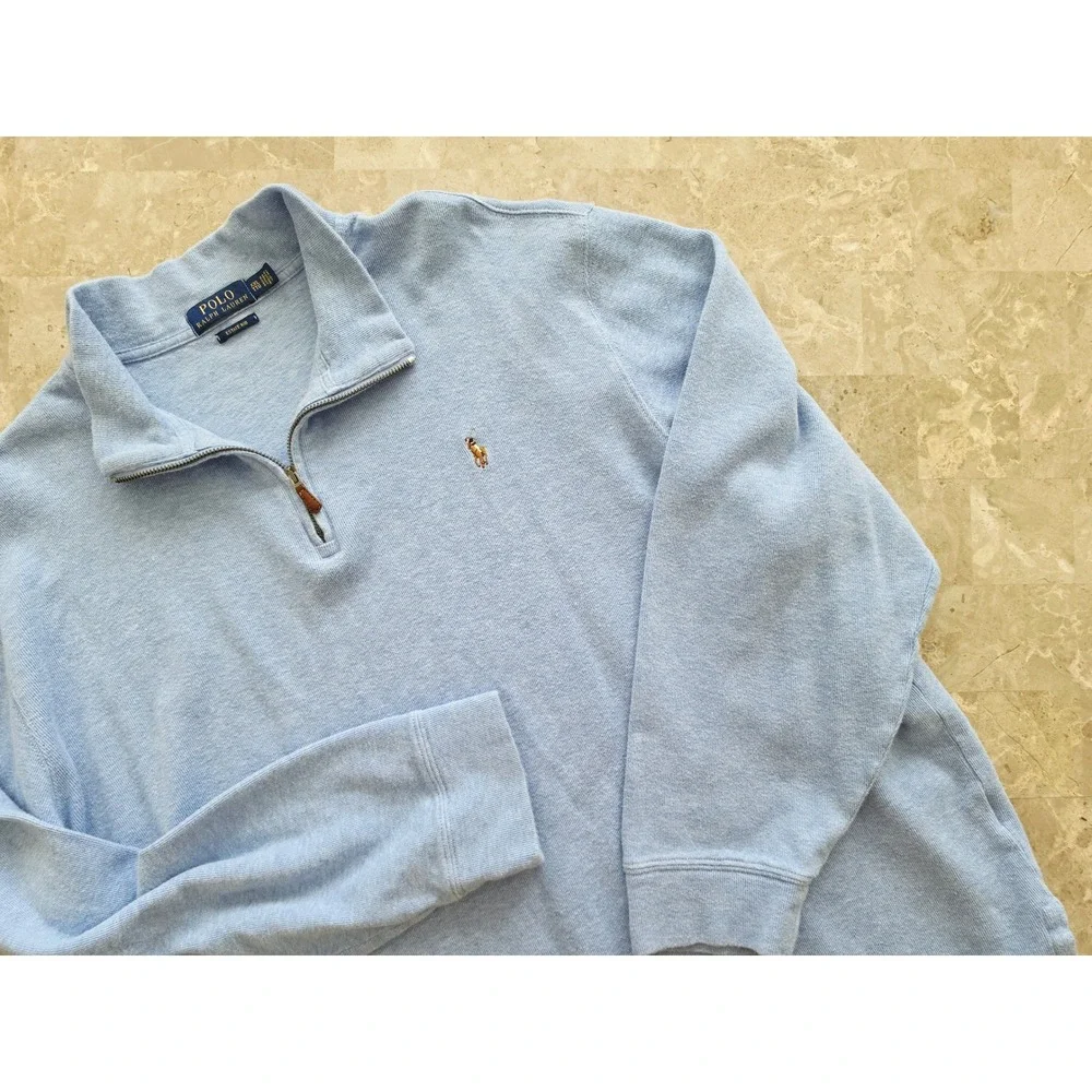 Polo Ralph Lauren Estate Rib Quarter Zip Pony Pullover Blue Cotton Mens 2XL